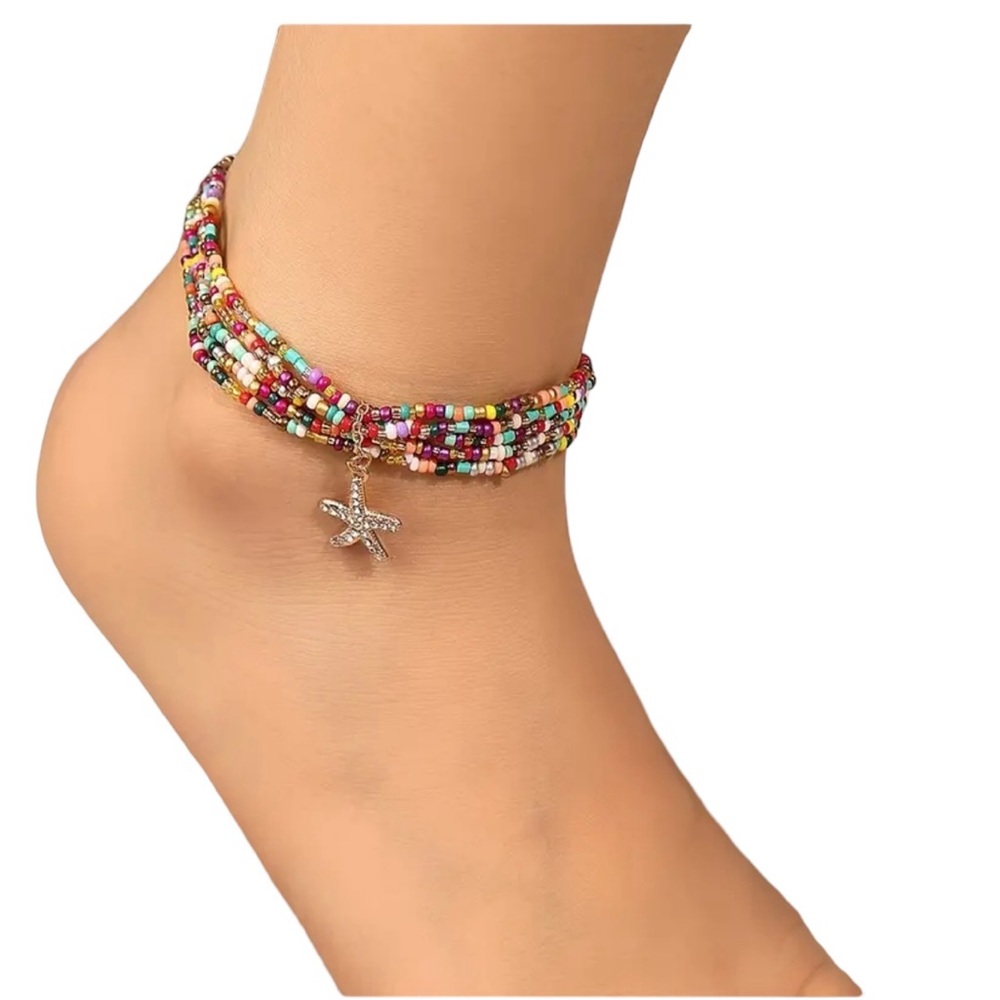 Boho Multicolored Sead Beaded Multi Strand Anklet with Starfish Charm